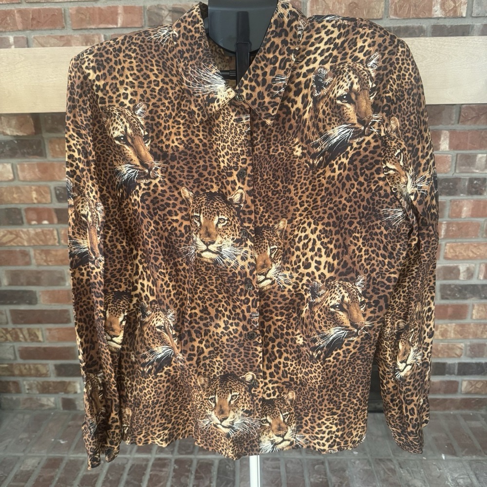 Vintage Leopard Animal Print Blouse Shirt Womens 16 Brown Black Bold Y2K 90s USA